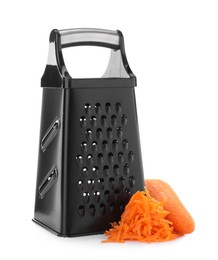 Stainless steel grater and fresh carrot on white background