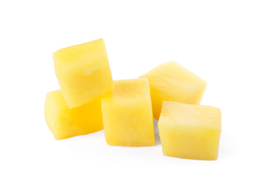 Photo of Tasty ripe mango cubes isolated on white