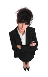 Photo of Beautiful businesswoman in suit on white background, above view