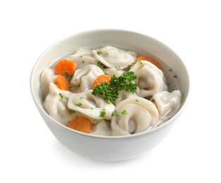 Bowl of tasty dumplings in broth isolated on white