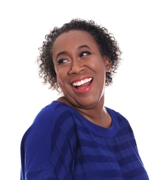 Portrait of happy African-American woman on white background