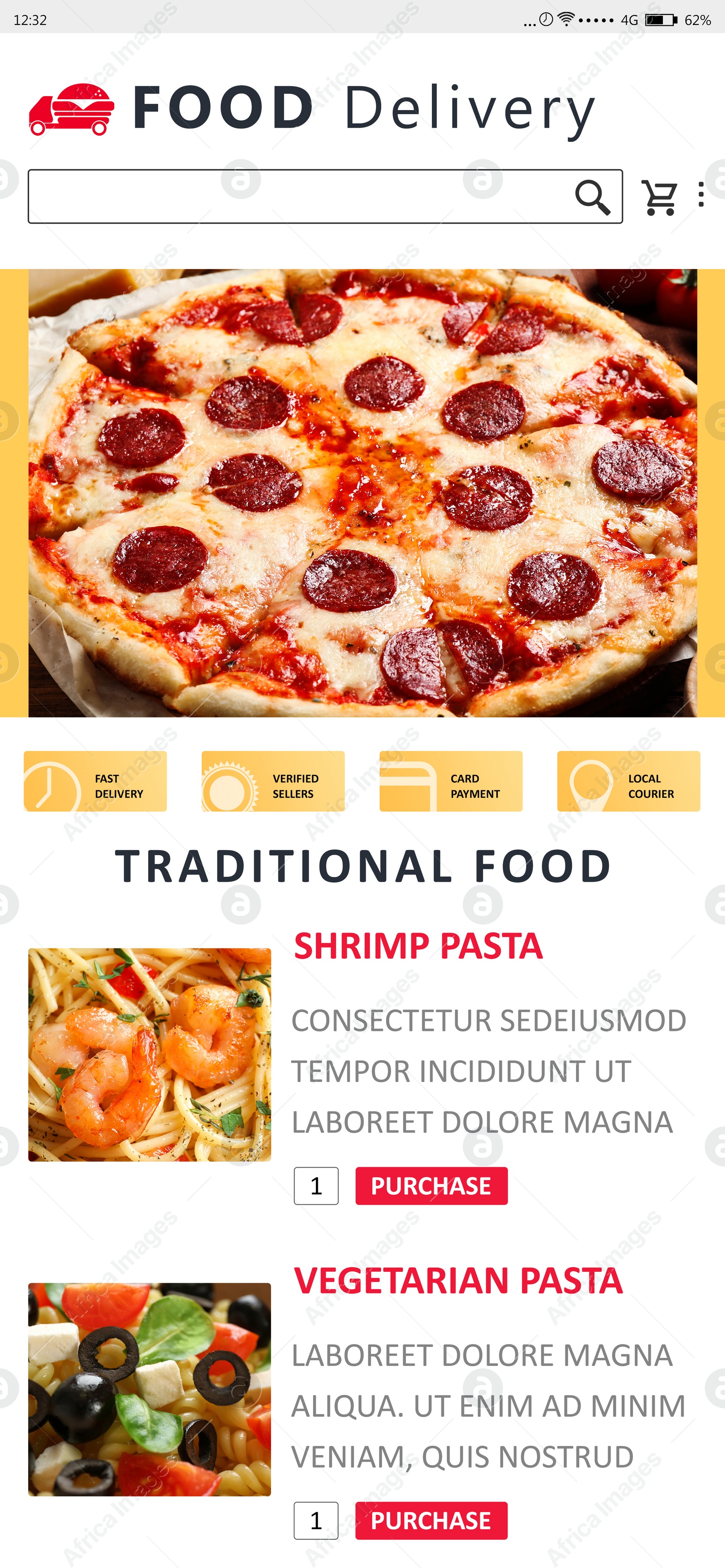 Image of Food delivery app. Display with appetizing menu