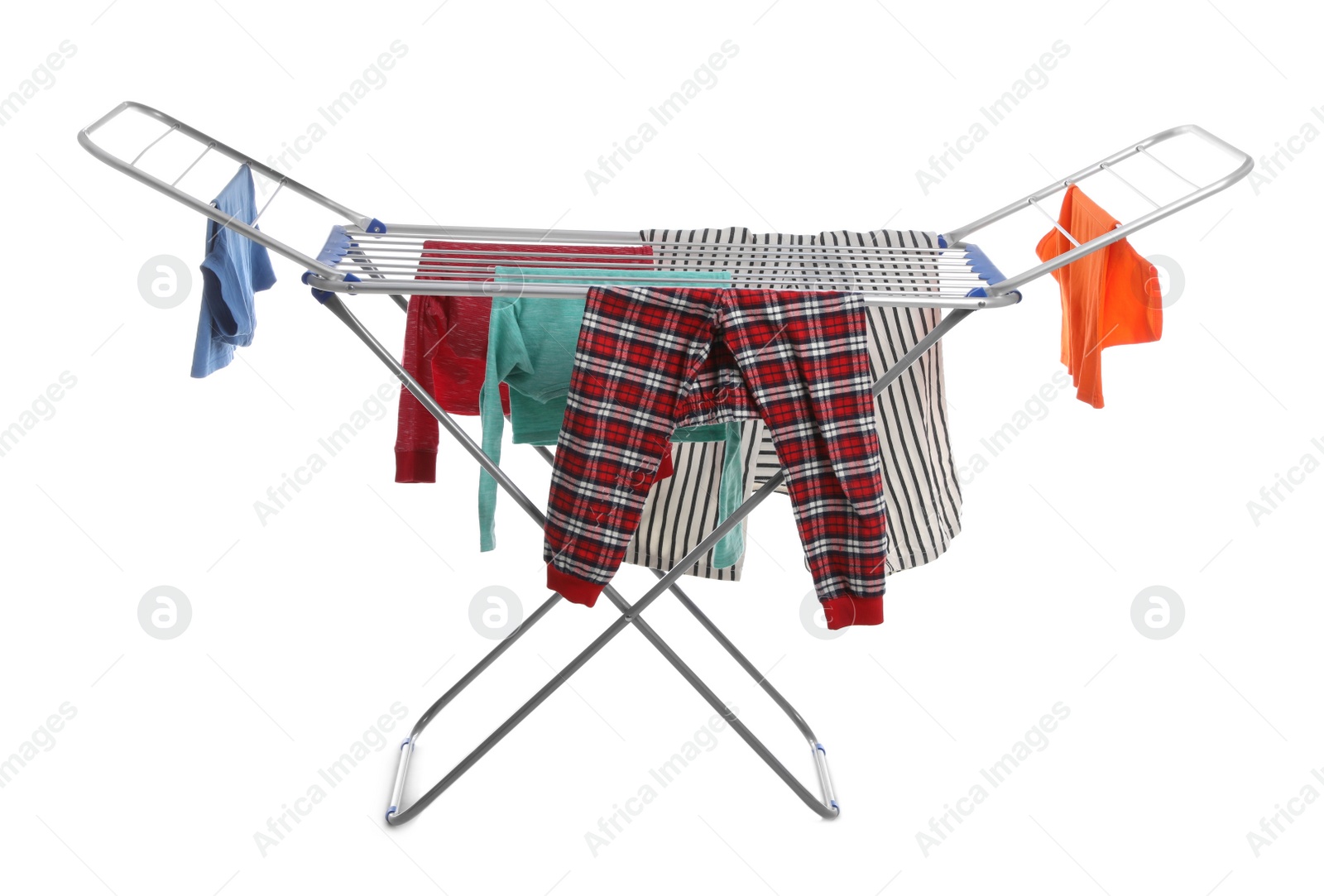 Photo of Modern drying rack with clothes on white background