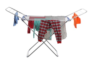 Modern drying rack with clothes on white background