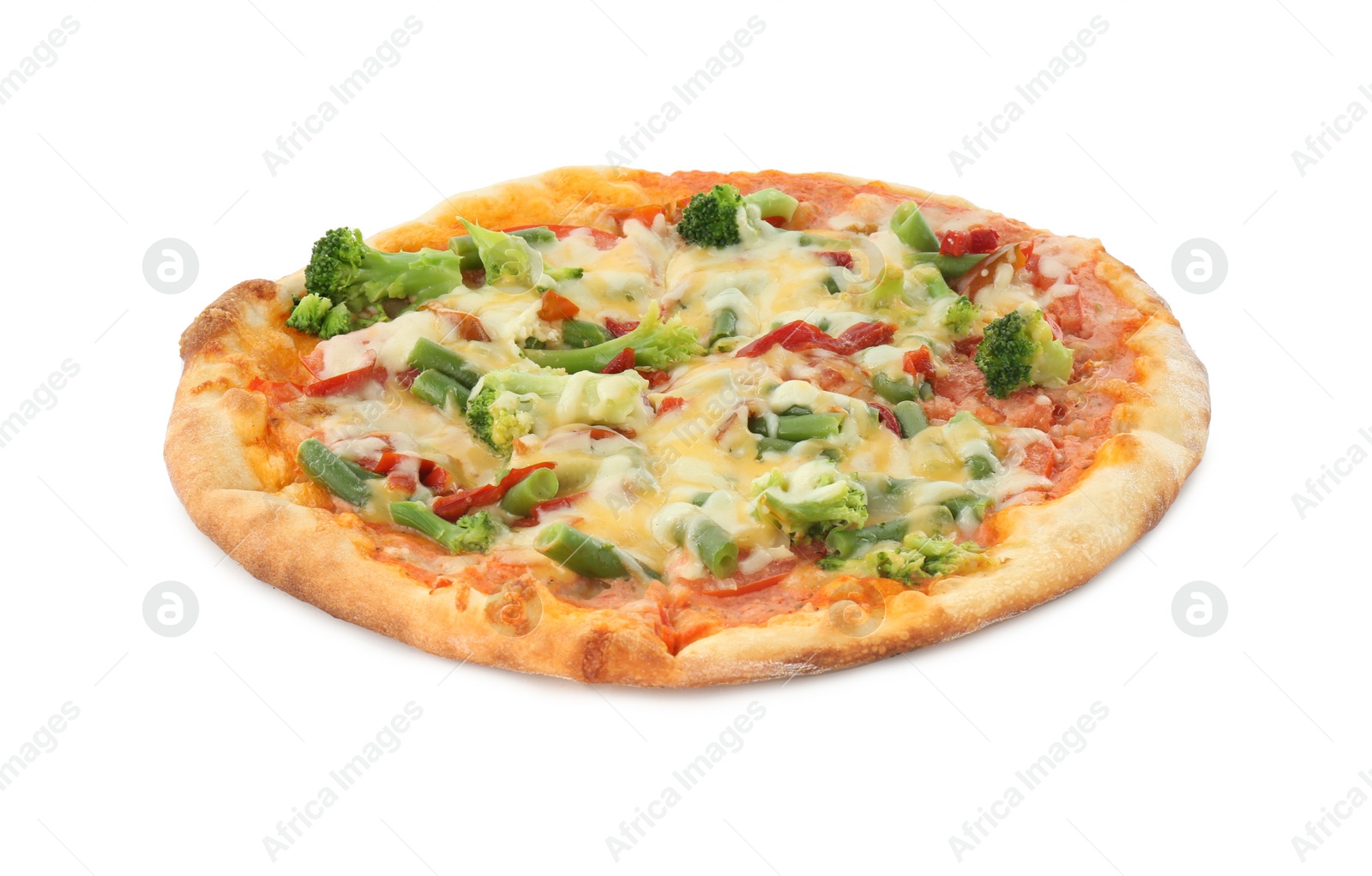 Photo of One delicious vegetarian pizza isolated on white