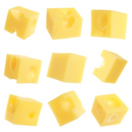 Image of Pieces of delicious cheese on white background, collage