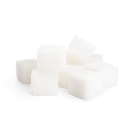 Photo of Pile of sugar cubes isolated on white
