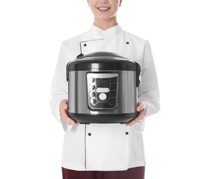 Female chef with modern multi cooker on white background, closeup