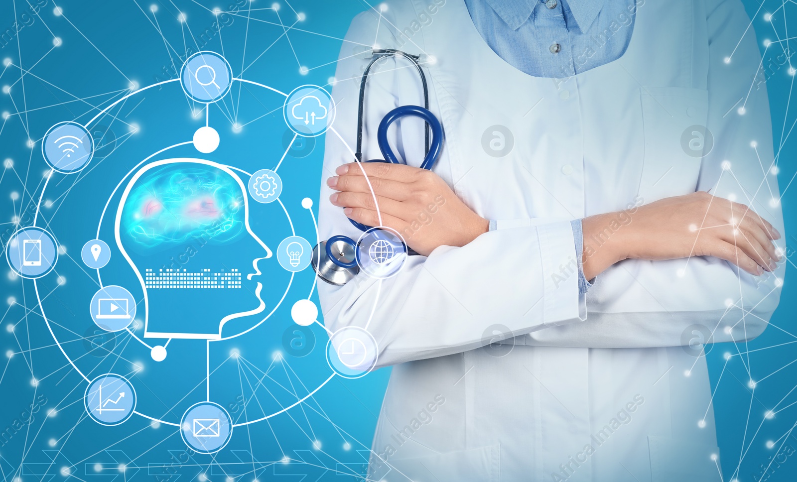 Image of Double exposure of doctor using tablet and artificial intelligence model. Machine learning concept