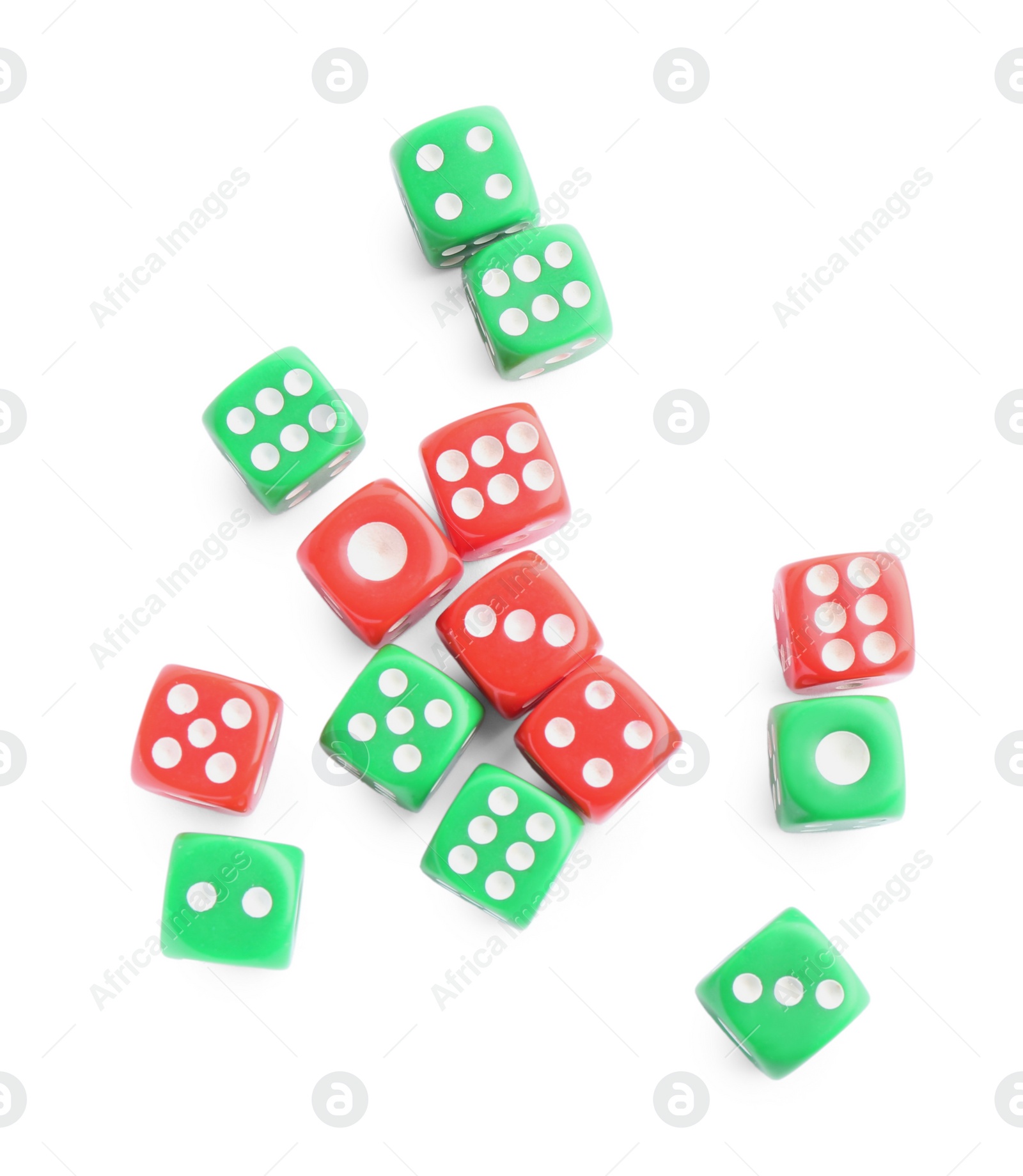 Photo of Many green and red game dices isolated on white, top view