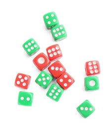 Photo of Many green and red game dices isolated on white, top view