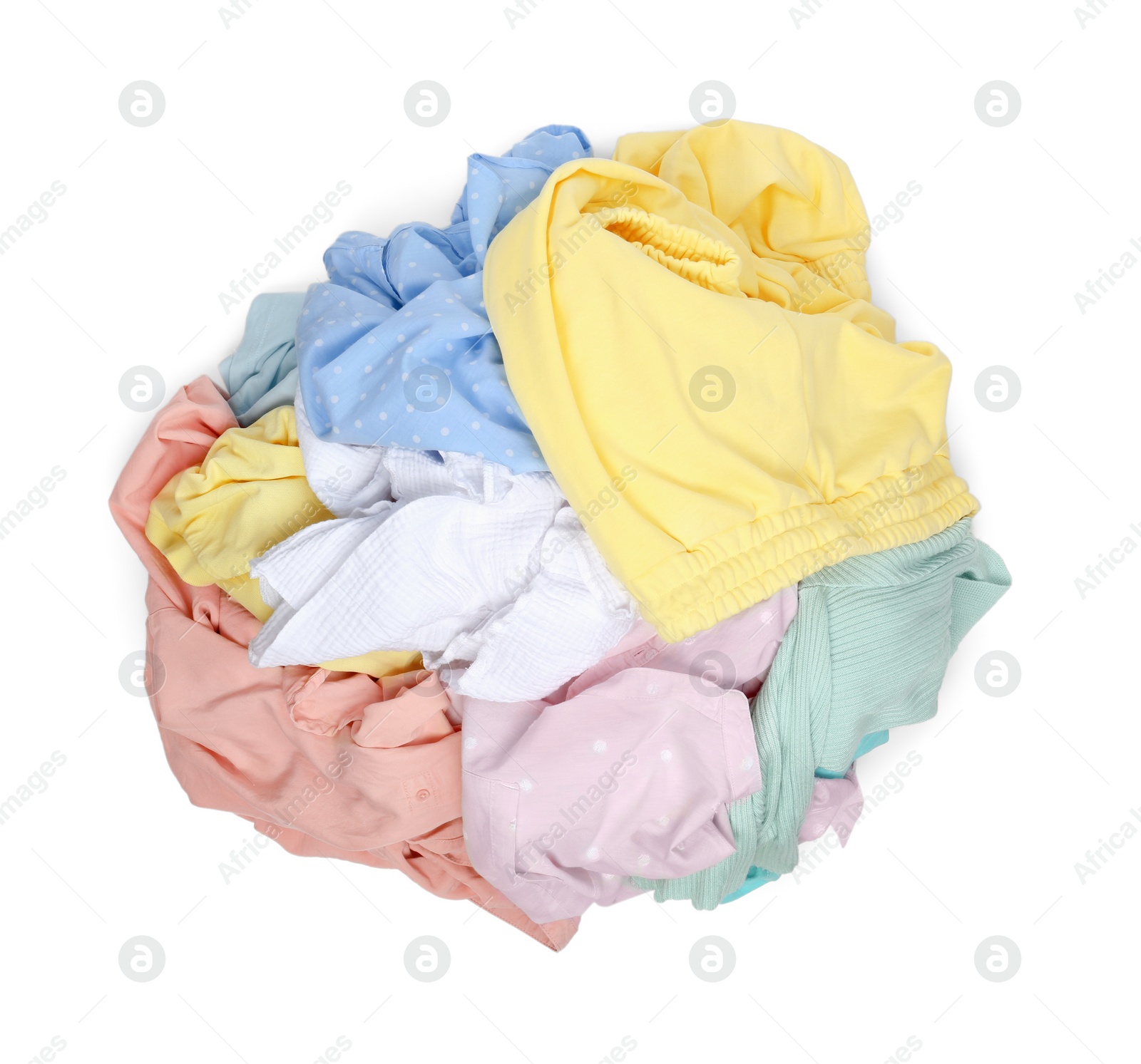 Photo of Pile of clothes isolated on white, top view