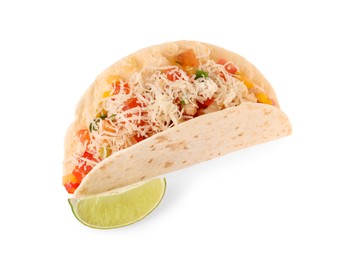Photo of Delicious taco with vegetables, cheese and slice of lime isolated on white