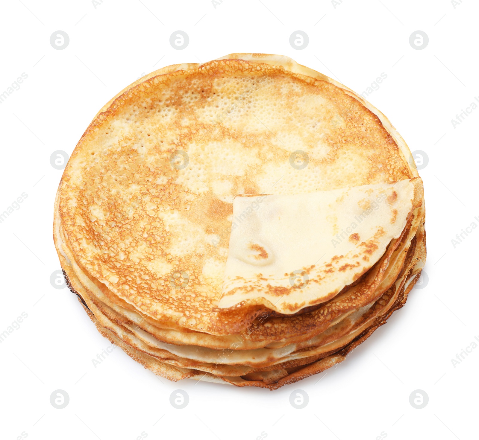 Photo of Stack of delicious crepes on white background