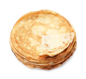 Stack of delicious crepes on white background