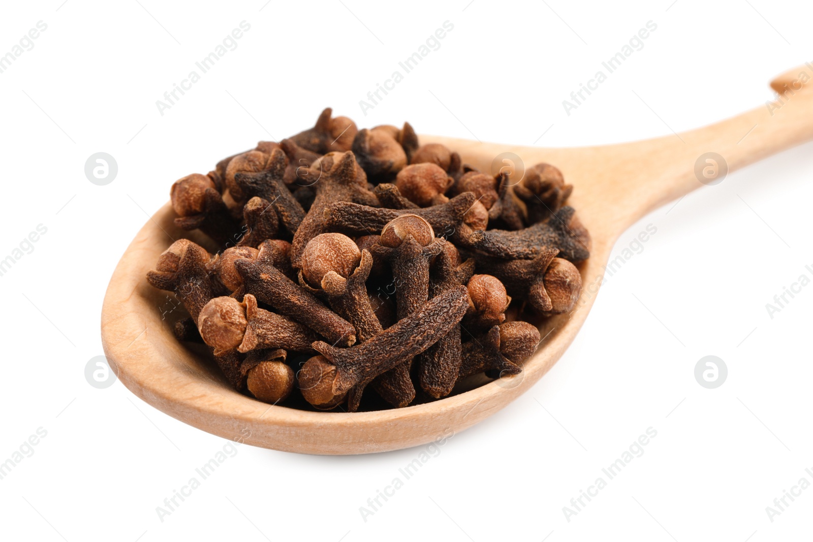 Photo of Wooden spoon with aromatic dry cloves isolated on white, closeup