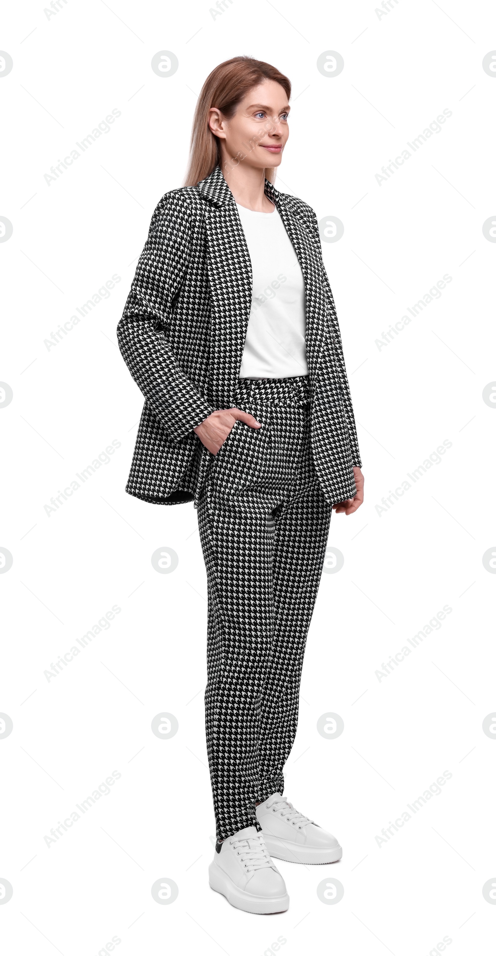 Photo of Beautiful happy businesswoman in suit on white background