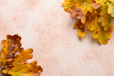Photo of Dry autumn leaves on color background, flat lay. Space for text