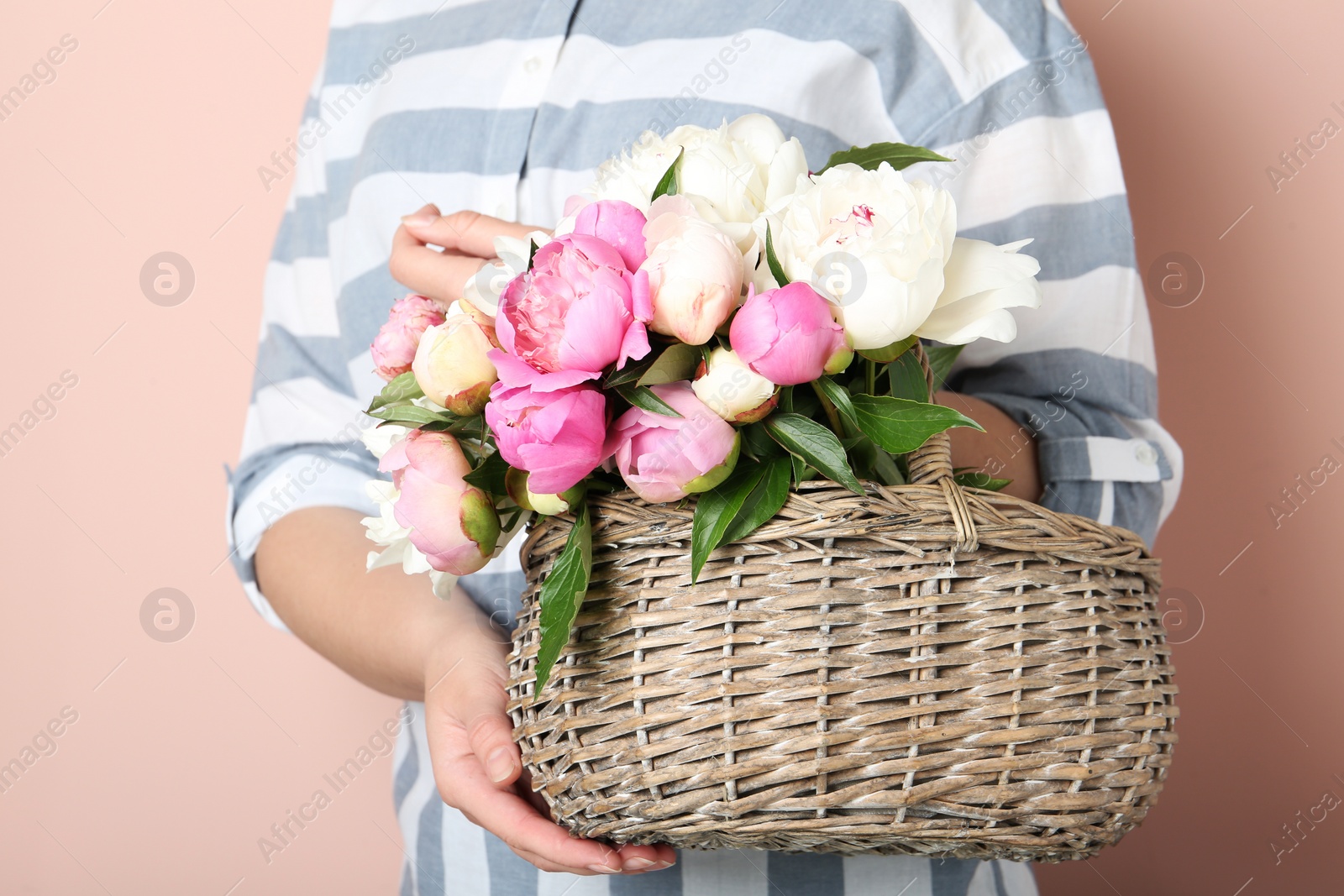 Photo of Woman with bouquet of beautiful peonies in basket on beige background, closeup