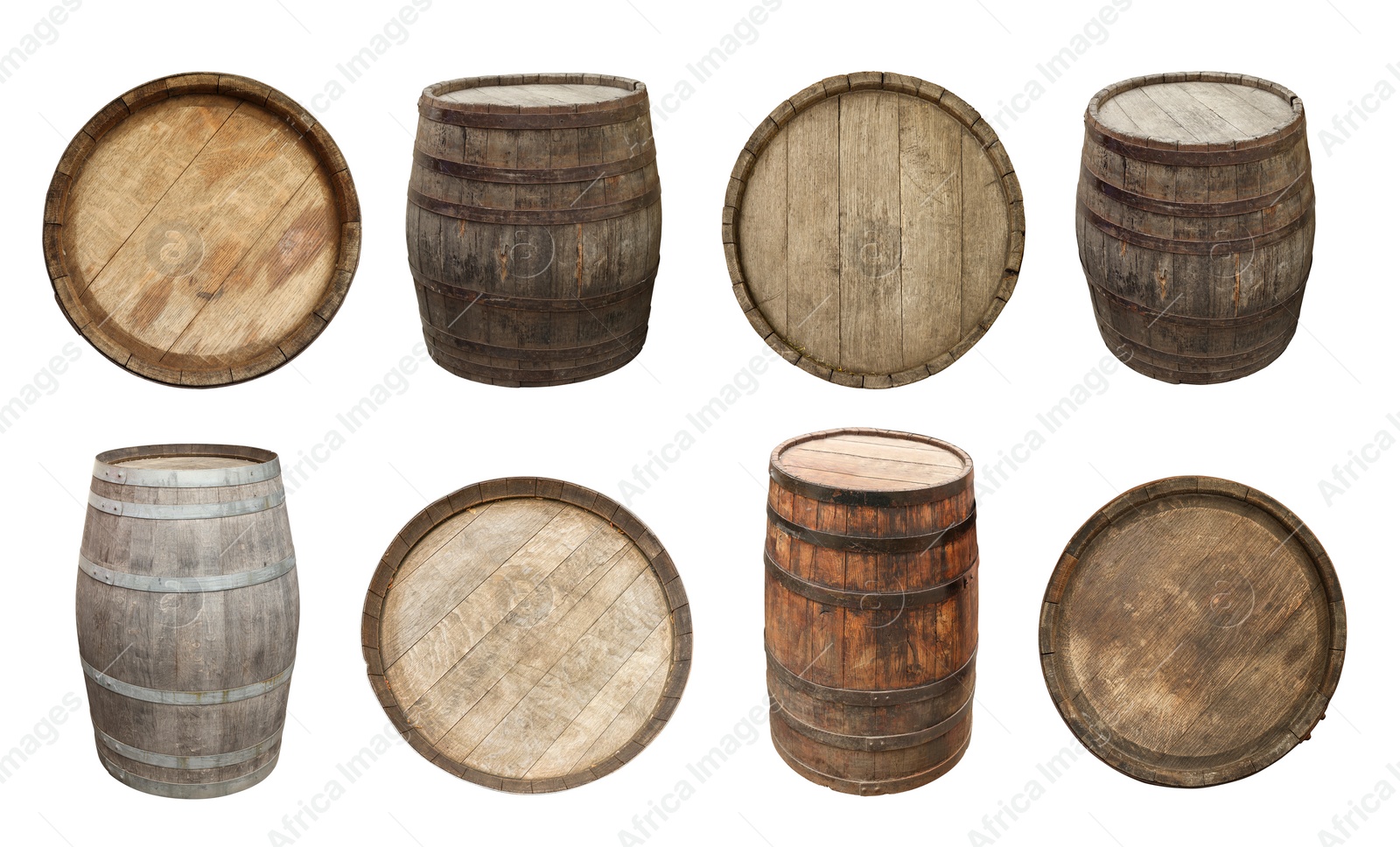 Image of Different wooden barrels isolated on white, top and side views. Collage design