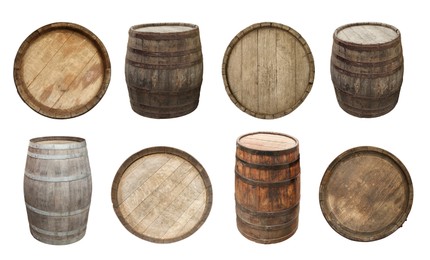 Image of Different wooden barrels isolated on white, top and side views. Collage design