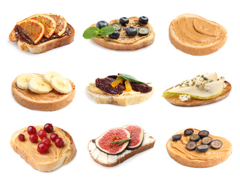 Image of Set of toasted bread with different toppings on white background