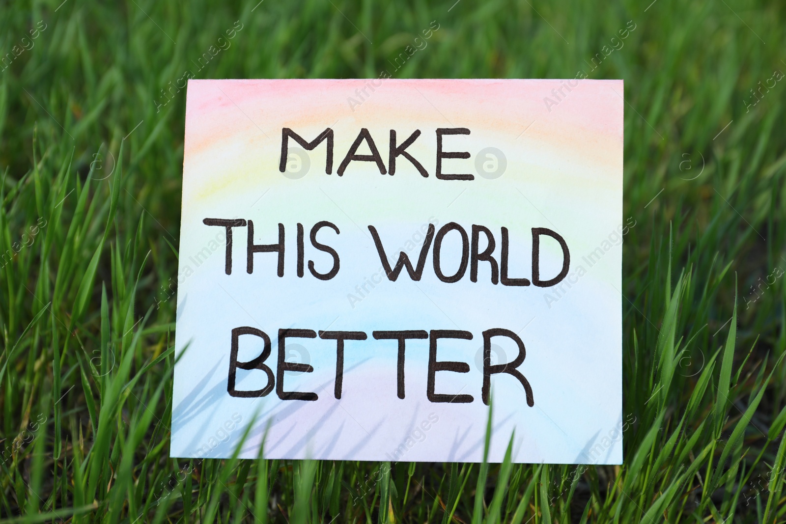Photo of Card with text Make This World Better in green grass