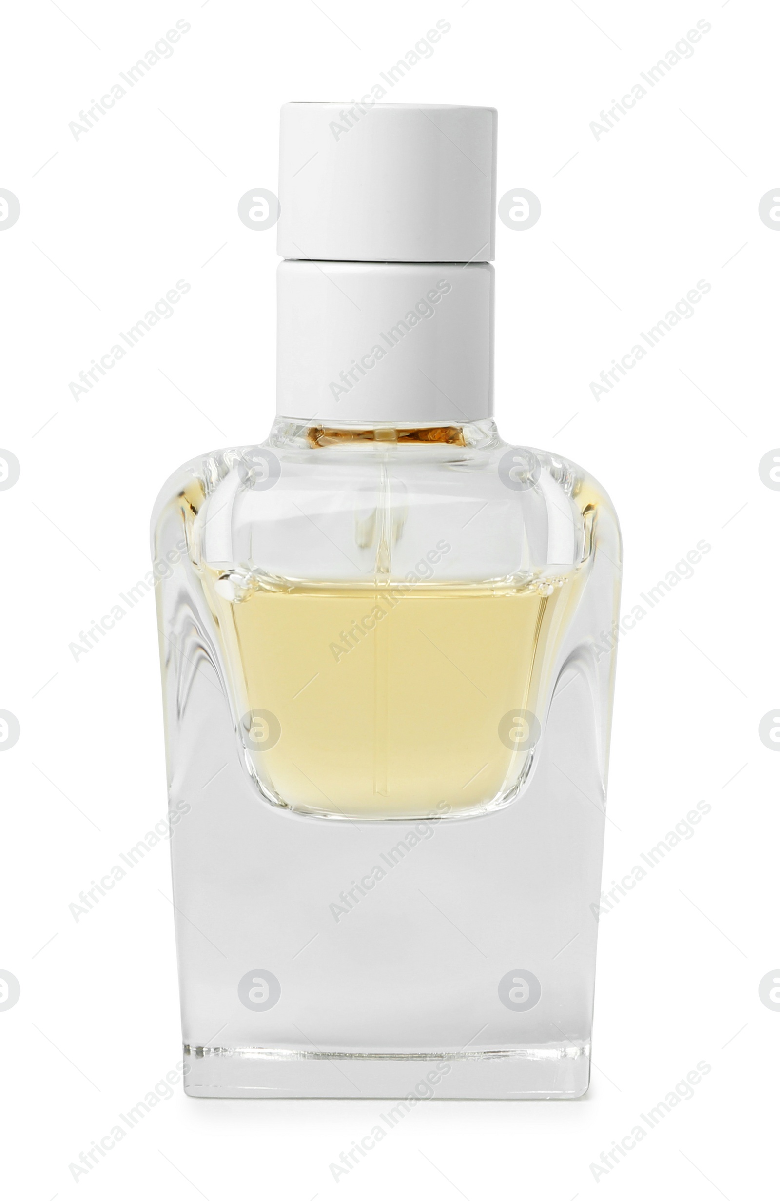 Photo of Transparent bottle of perfume on white background