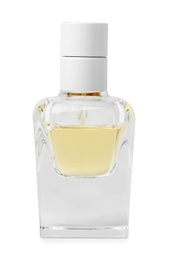 Transparent bottle of perfume on white background