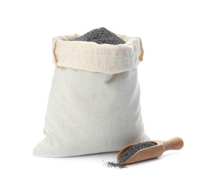 Photo of Sack and scoop with poppy seeds on white background