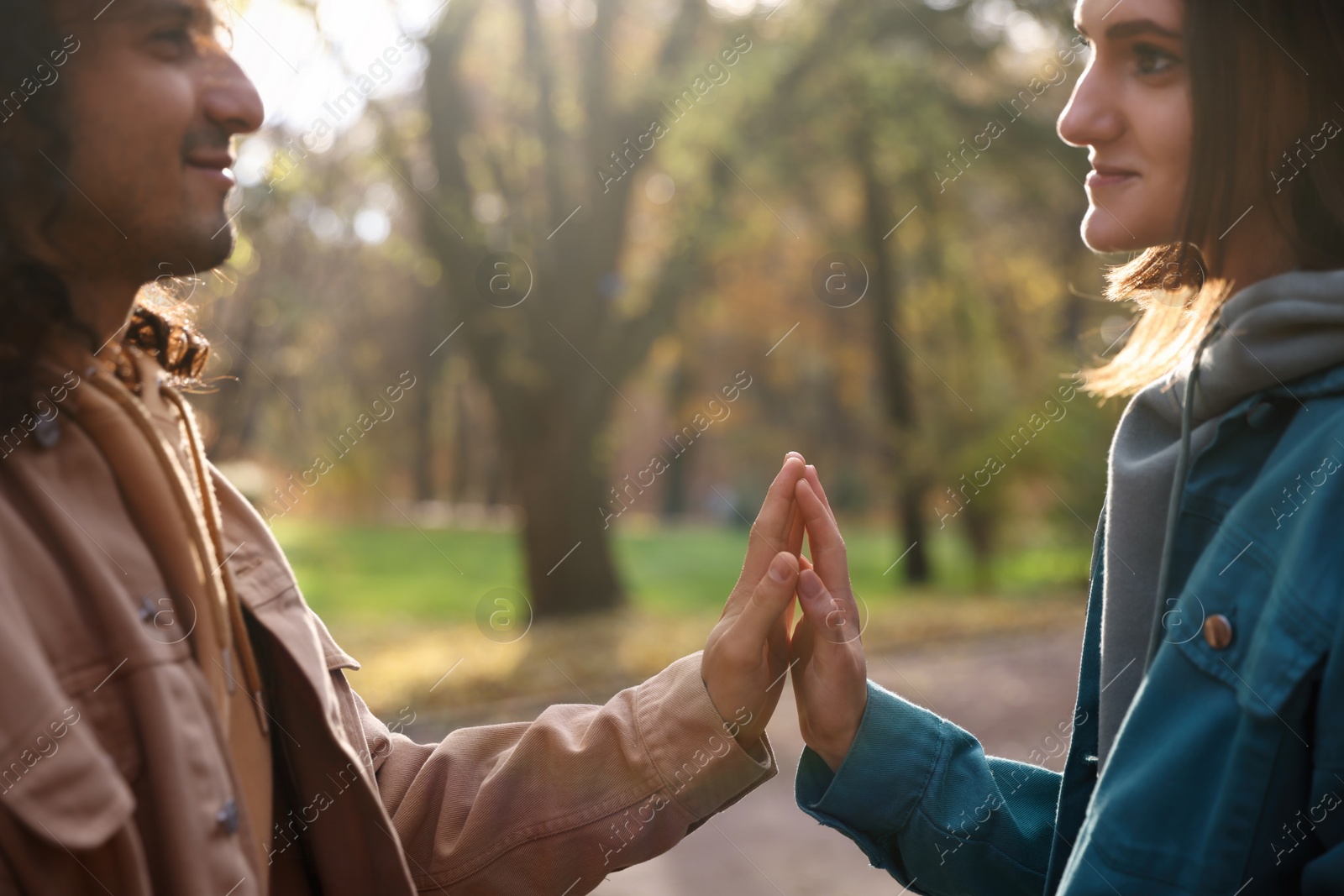 Photo of Young couple holding hands together in autumn park, closeup. Dating agency