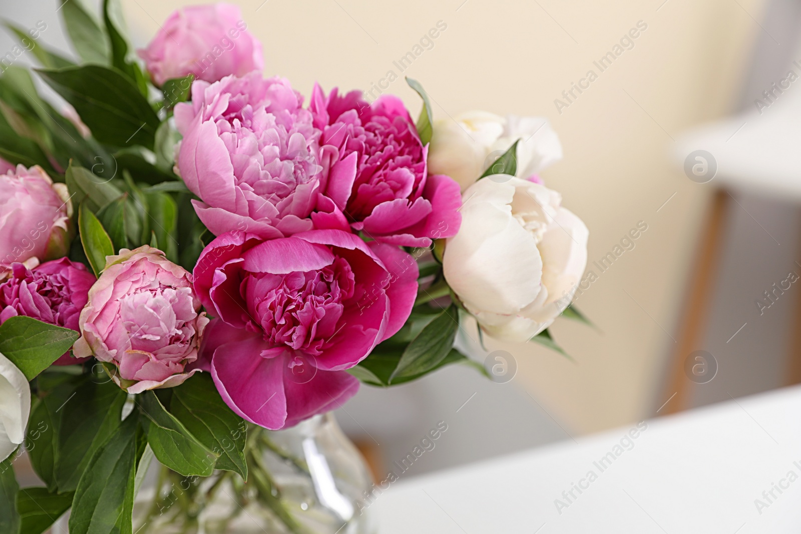 Photo of Vase with bouquet of beautiful peonies on table in room, space for text