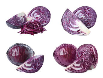 Image of Set of fresh ripe red cabbages on white background