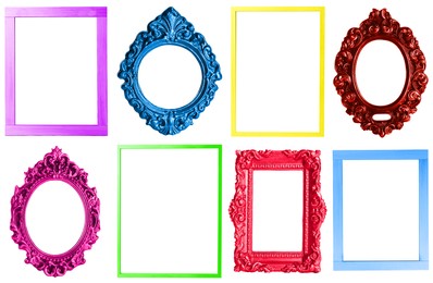 Collage with bright frames on white background