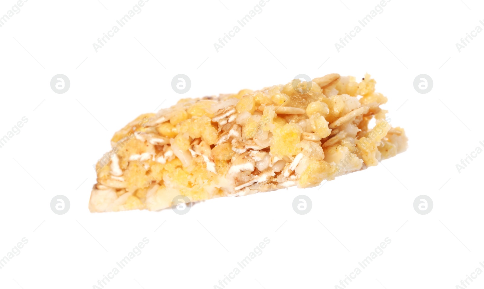 Photo of One piece of tasty granola bar isolated on white