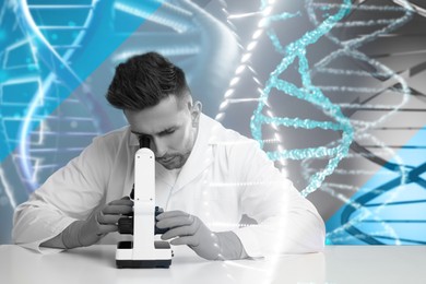 Genetic testing. Double exposure of laboratory worker using microscope at table and illustration of DNA structure
