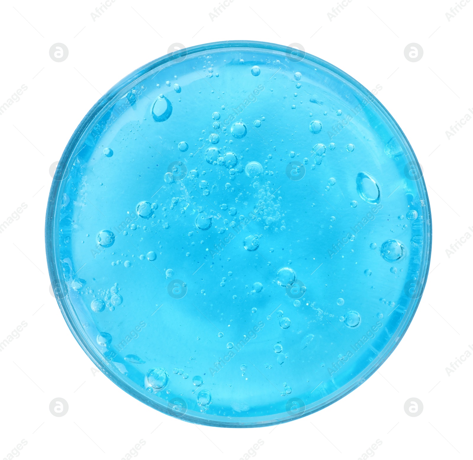 Photo of Light blue slime with glitter in plastic container isolated on white, top view. Antistress toy