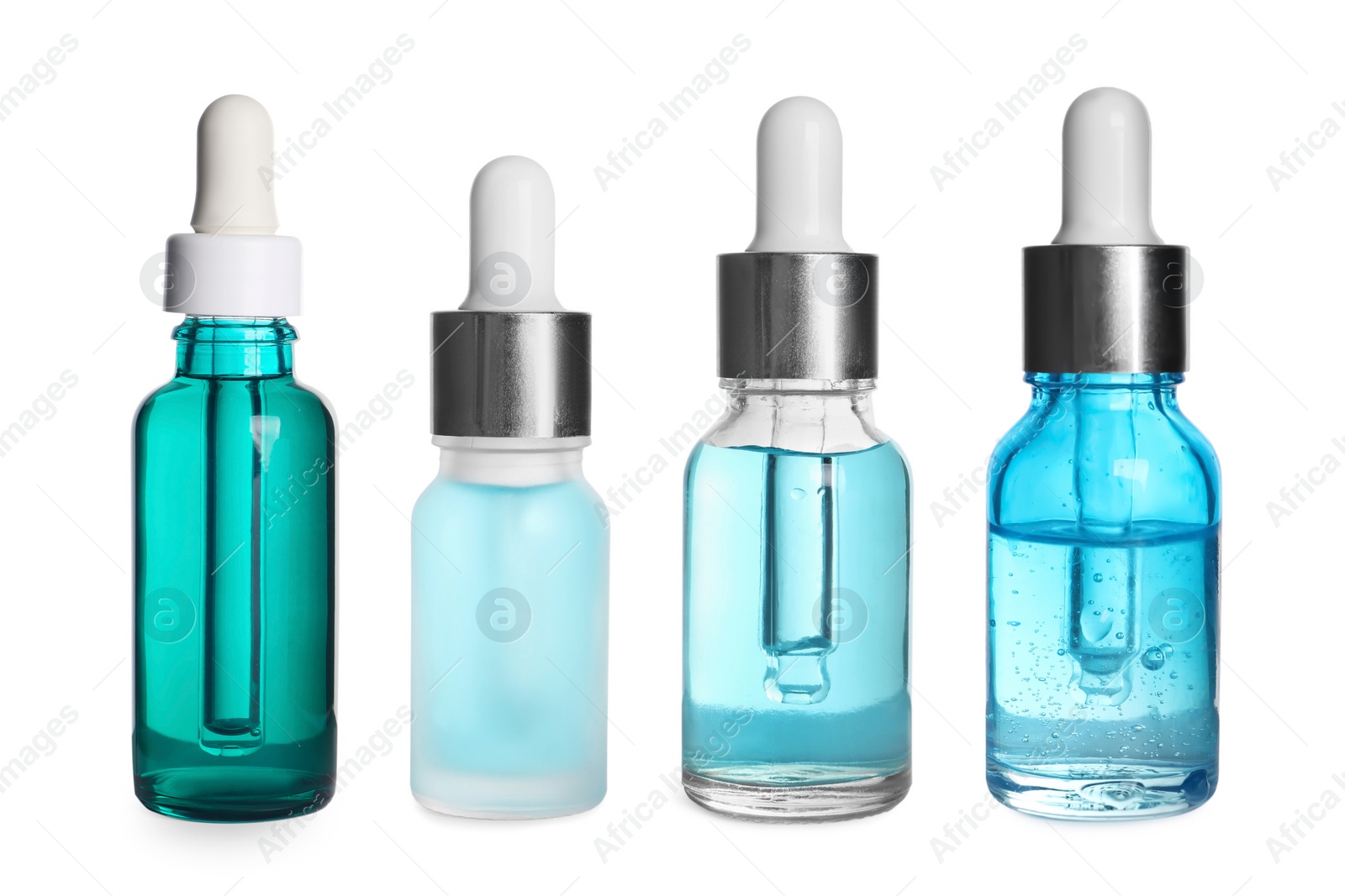 Image of Serums in different bottles isolated on white, collection