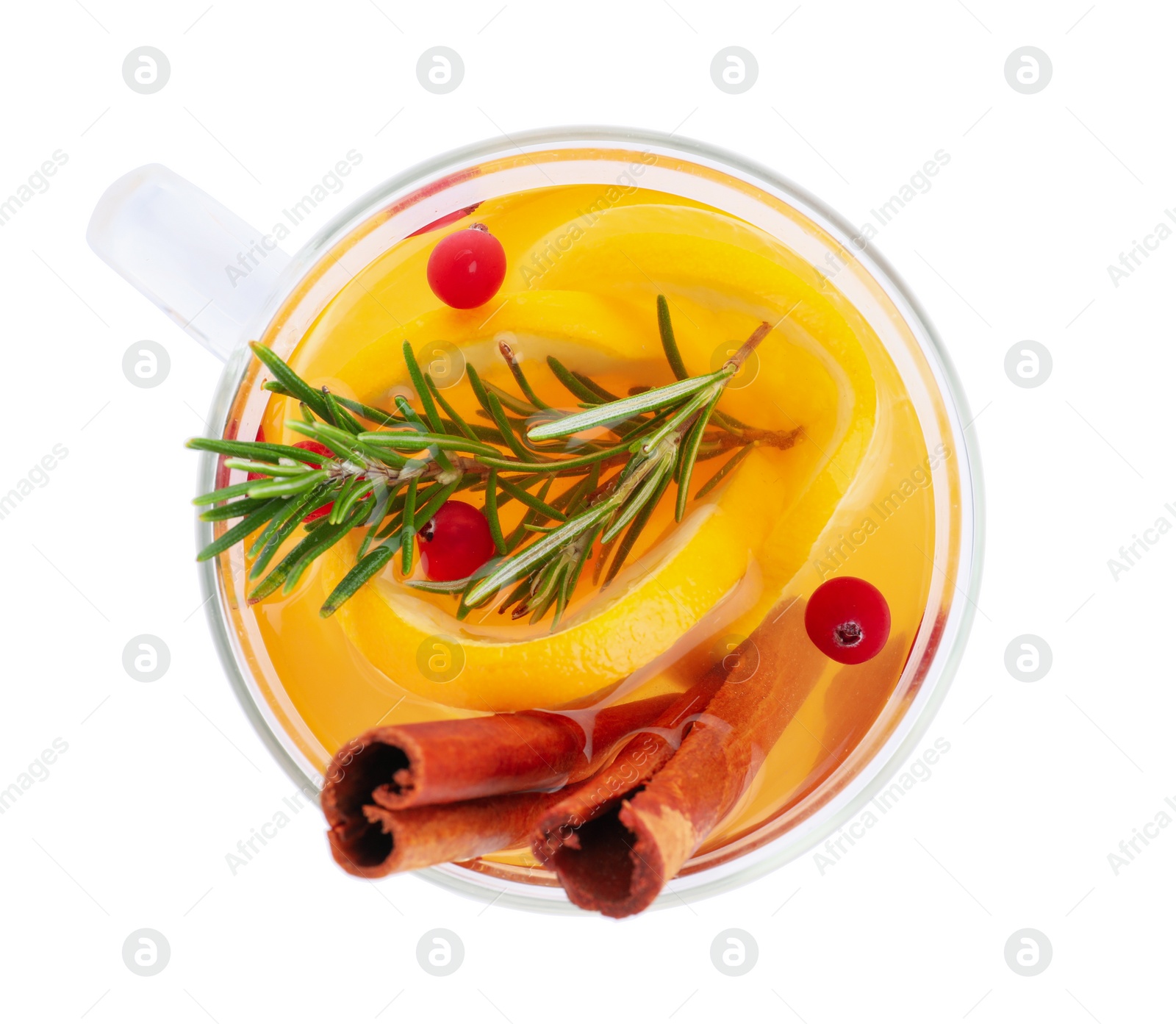 Photo of Aromatic mulled wine isolated on white, top view