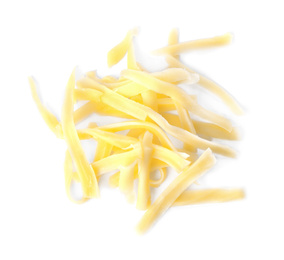 Photo of Pile of grated cheese isolated on white, top view