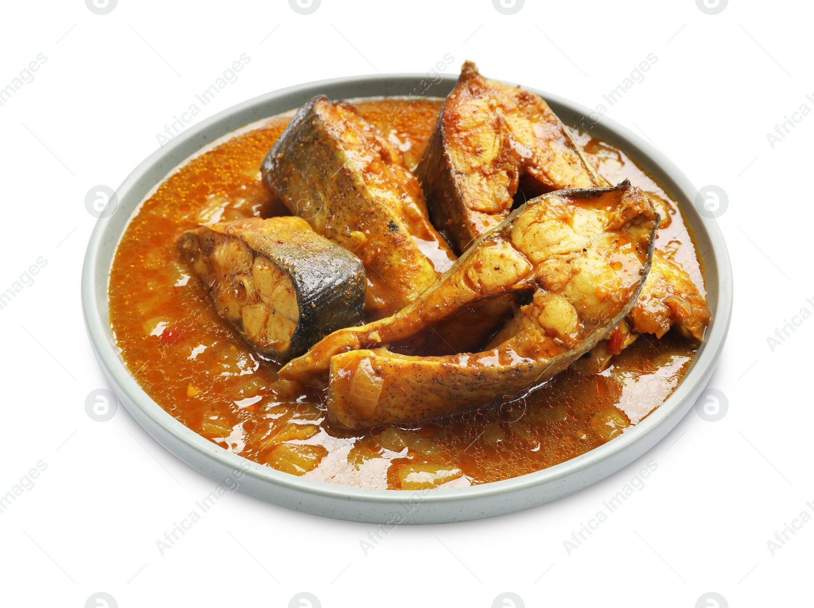 Photo of Tasty fish curry on white background. Indian cuisine