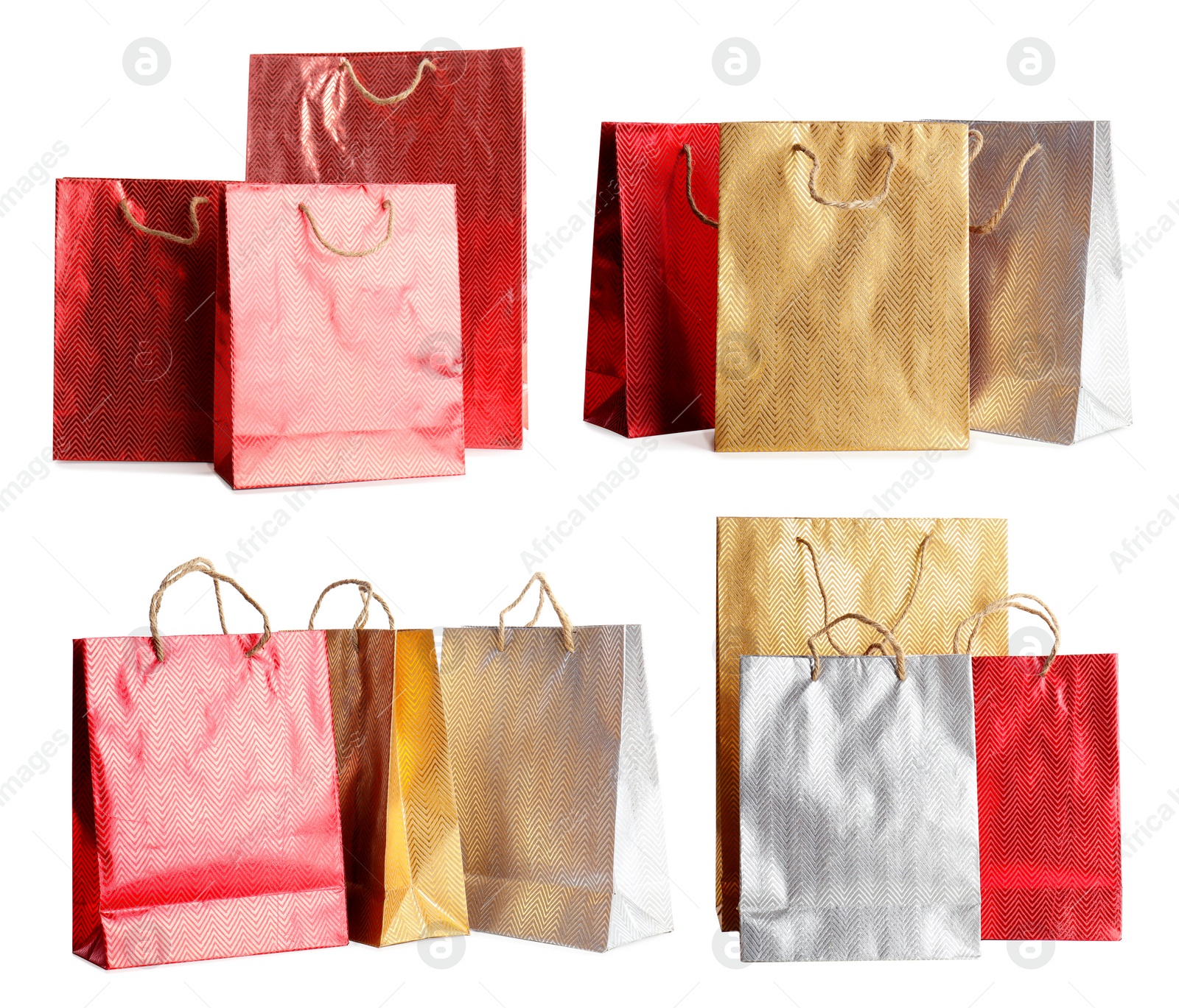 Image of Set of paper shopping bags on white background