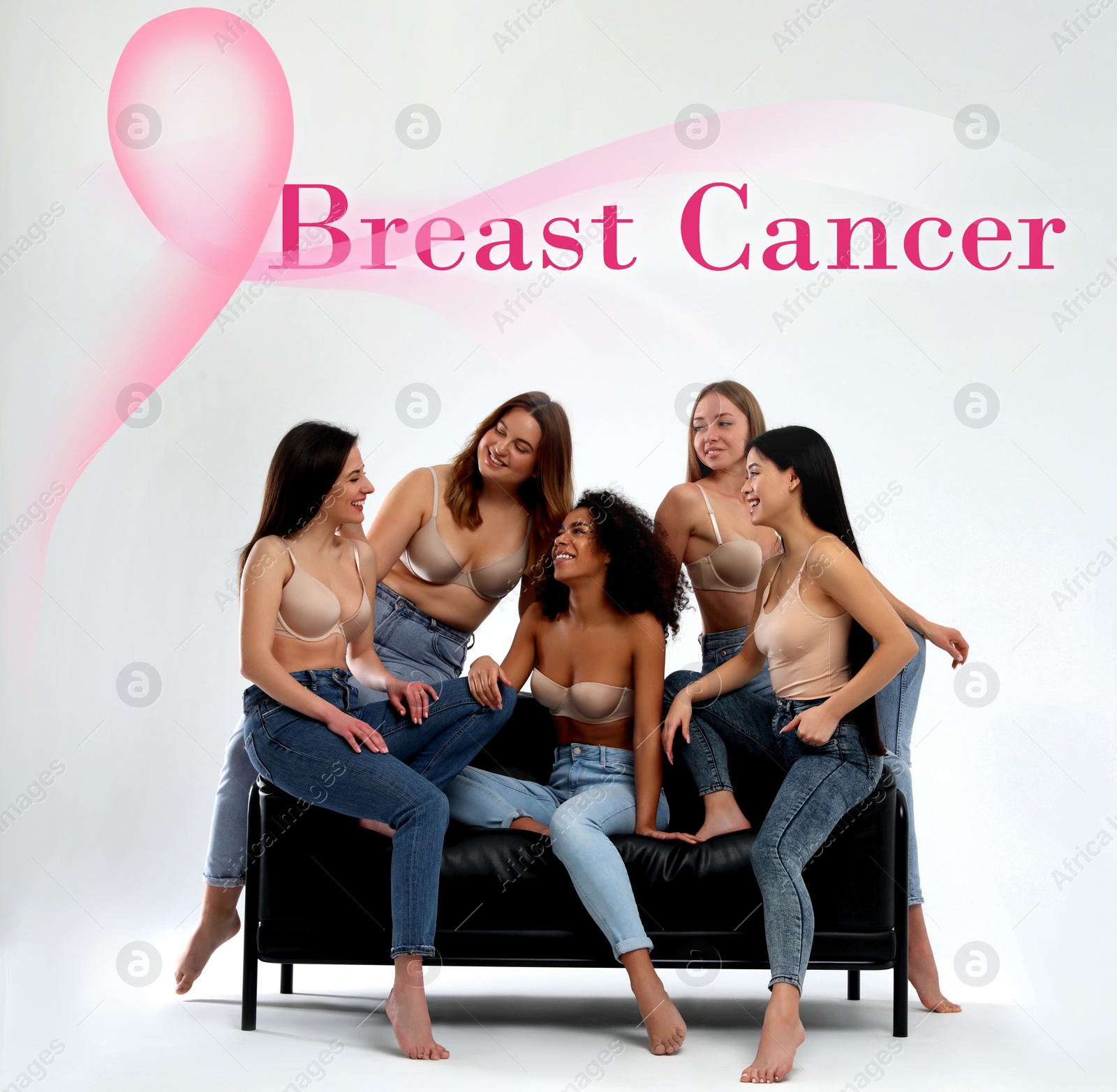 Image of Breast cancer awareness. Group of women on white background