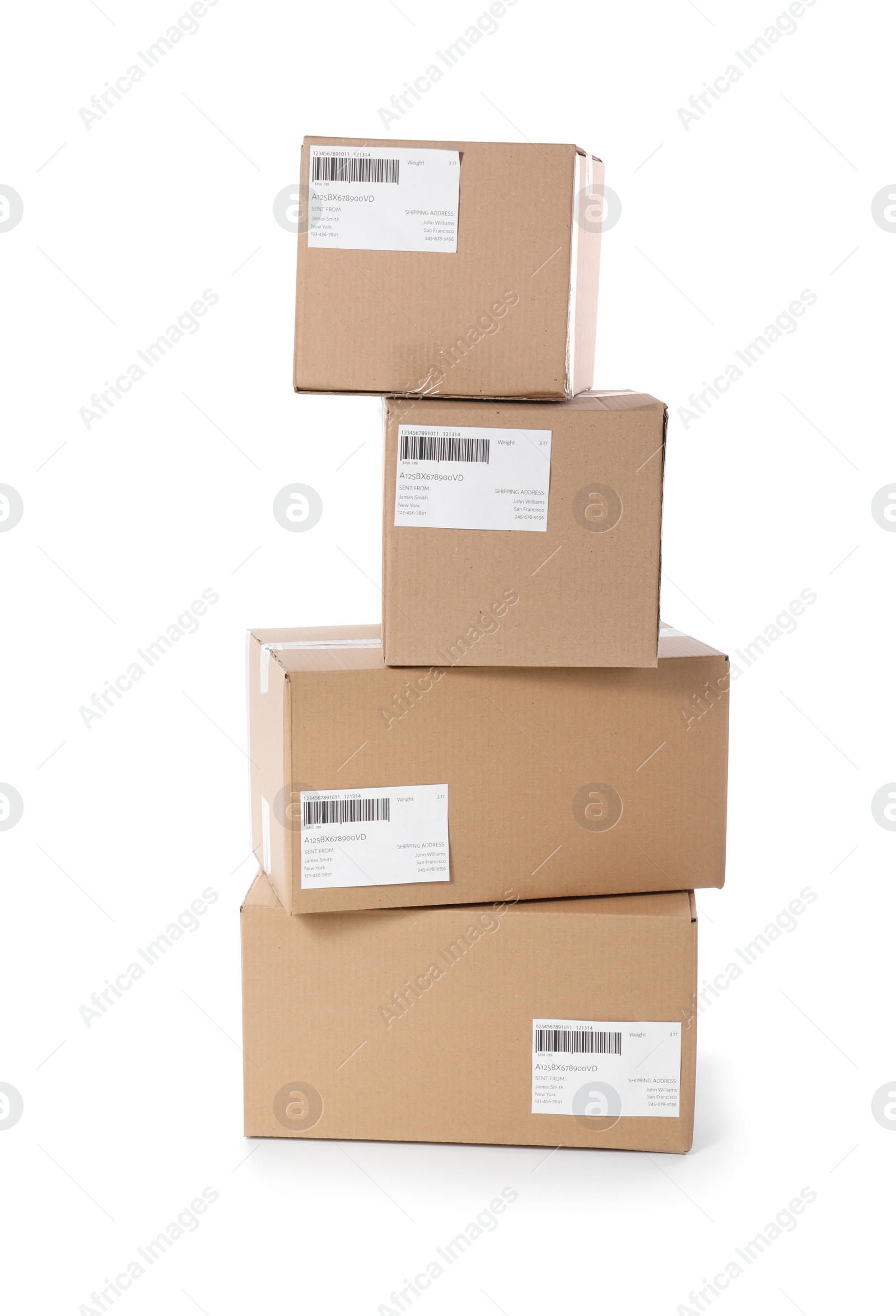 Photo of Cardboard parcel boxes on white background. Mockup for design