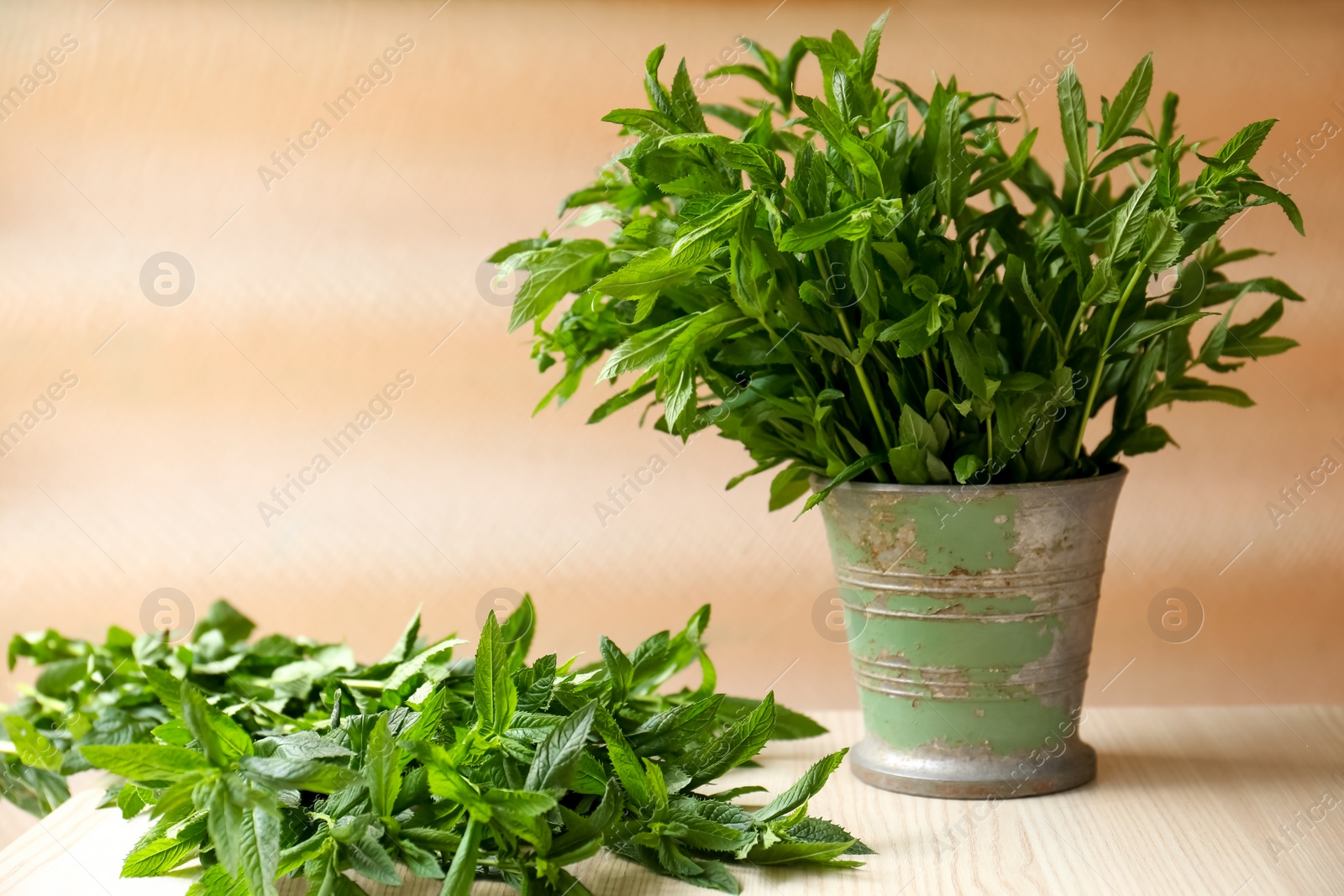 Photo of Beautiful green mint on white wooden table