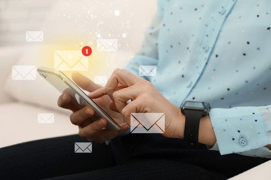 Image of Email. Woman using mobile phone at home, closeup. Letter illustrations around device