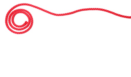 Photo of Spiral made of red rope on white background, top view with space for text