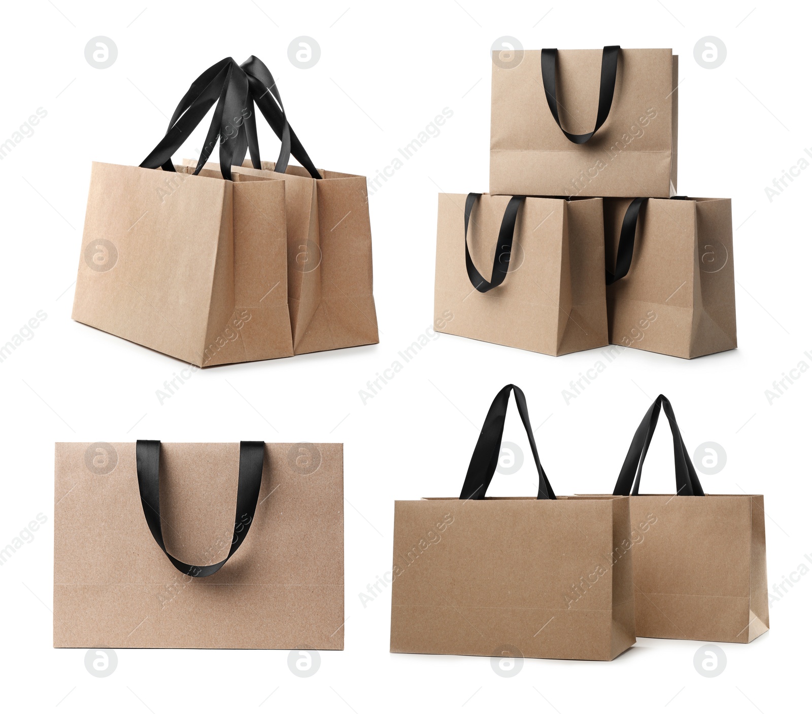 Image of Set with kraft paper shopping bags on white background