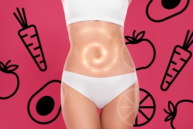 Healthy digestion. Woman with arrows on her belly against pink background, closeup. Illustrations of different products near her