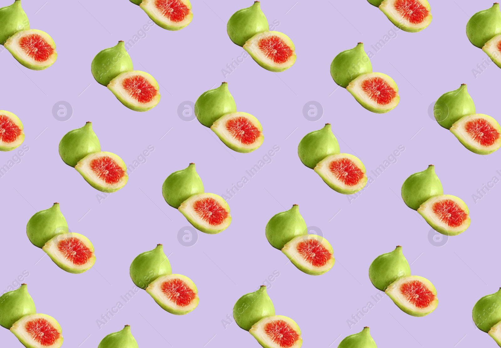Image of Pattern of cut and whole green figs on lavender background